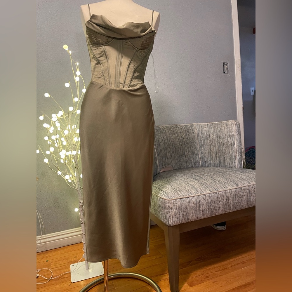 House of CB Olive Green Satin Midi Dress with Corset Bodice